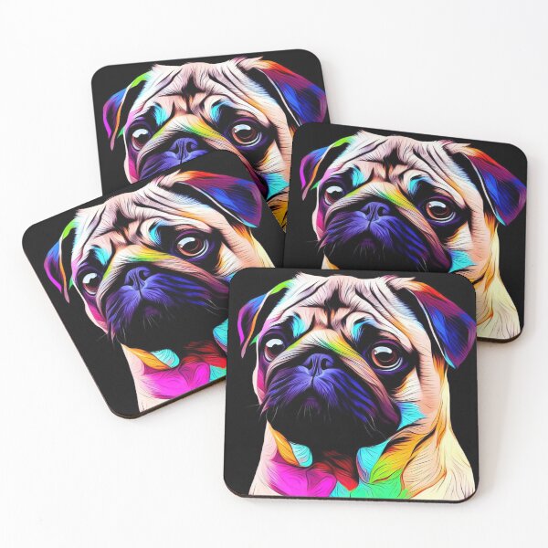 Item preview, Colourful and cute Pug dog with black background designed and sold by Hello Llama.