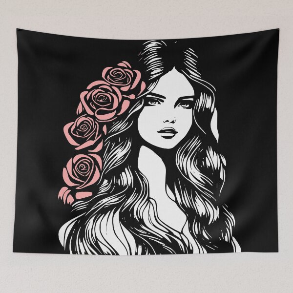 Item preview, Pretty Girl with Long Hair and Red Roses Black and White  designed and sold by Shapes-Mania.