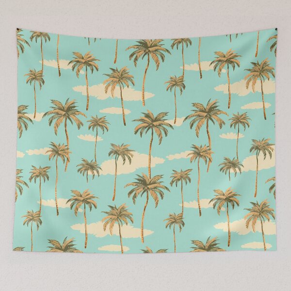 Item preview, Tropical Palm Pattern 1, pastel vintage lonely palm trees, floating in blue skies and white clouds, green, blue, white, island life and nature. designed and sold by FoxRobinRabbit.