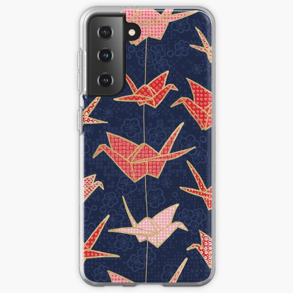 Red origami cranes on navy blue Samsung Galaxy Soft Case