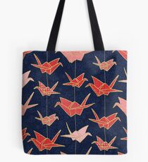 Red origami cranes on navy blue Tote Bag