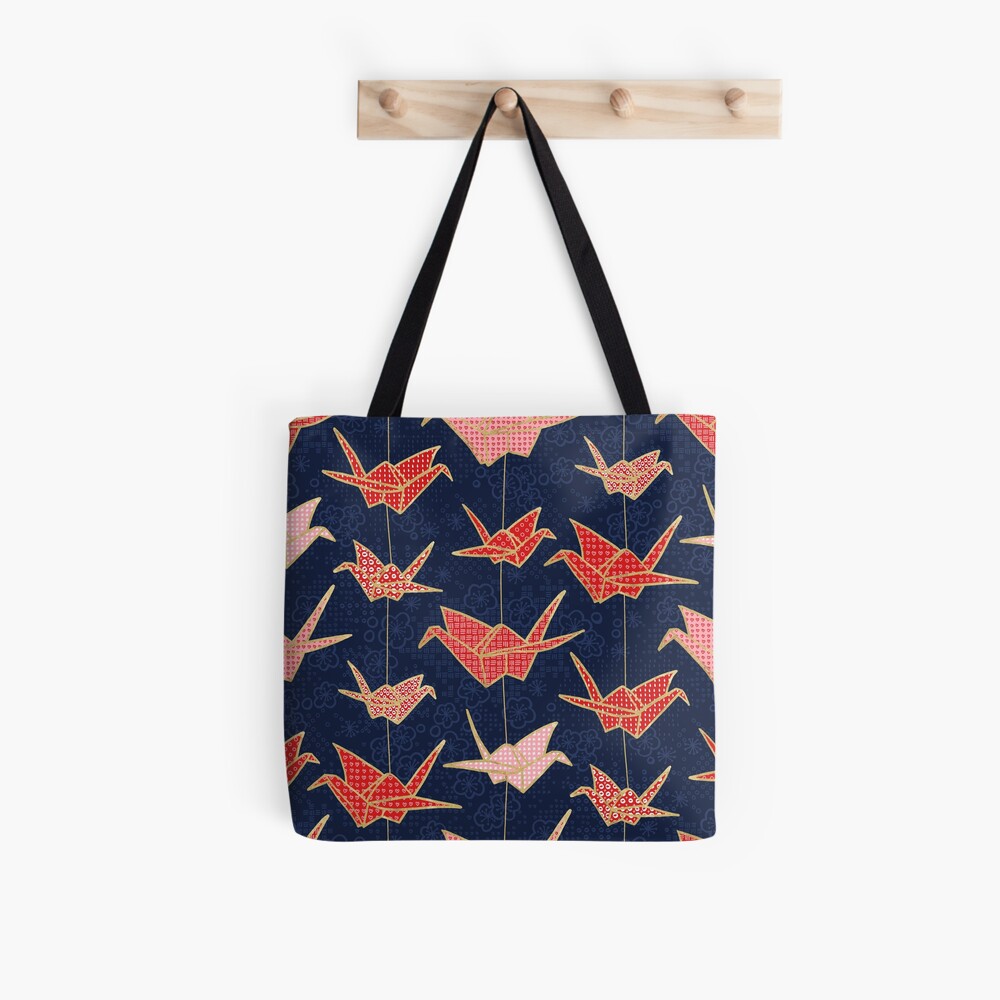 Red origami cranes on navy blue Tote Bag for Sale by Markéta