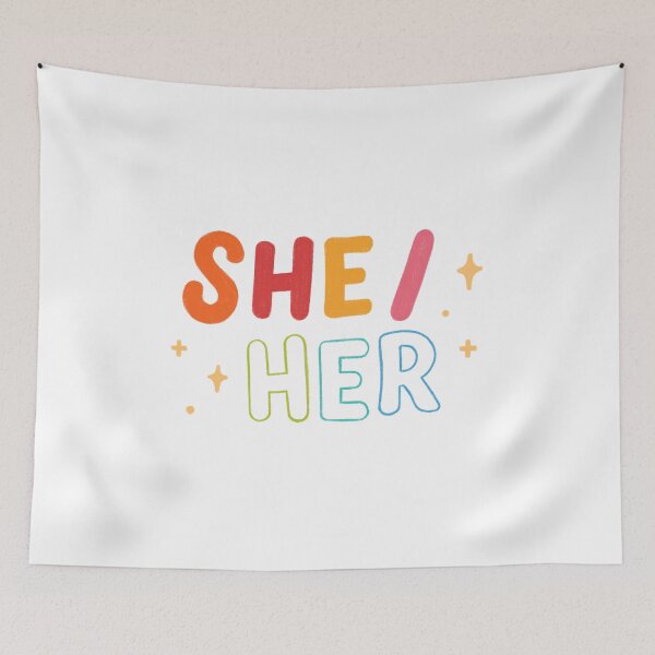 Item preview, She Her pronouns pronoun badge/sticker She/Her trans pride lgbtq rainbow cute designed and sold by emcazalet.