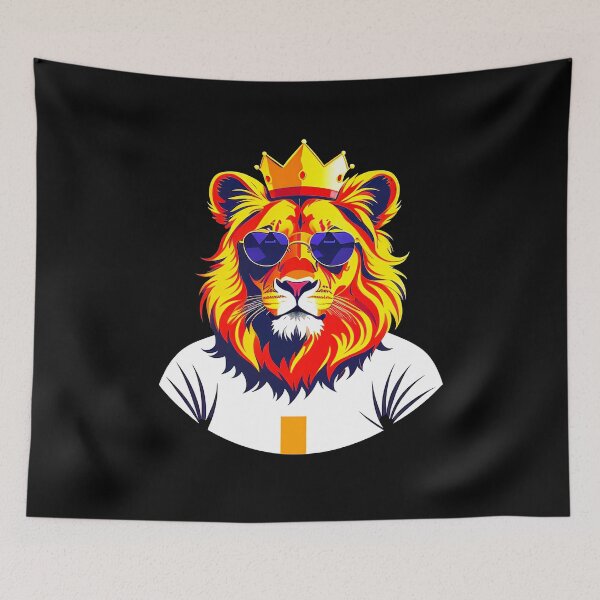 Item preview, Cool lion personage in sunglasses wearing a crown and t-shirt. Vibrant colors designed and sold by Harmonysens.
