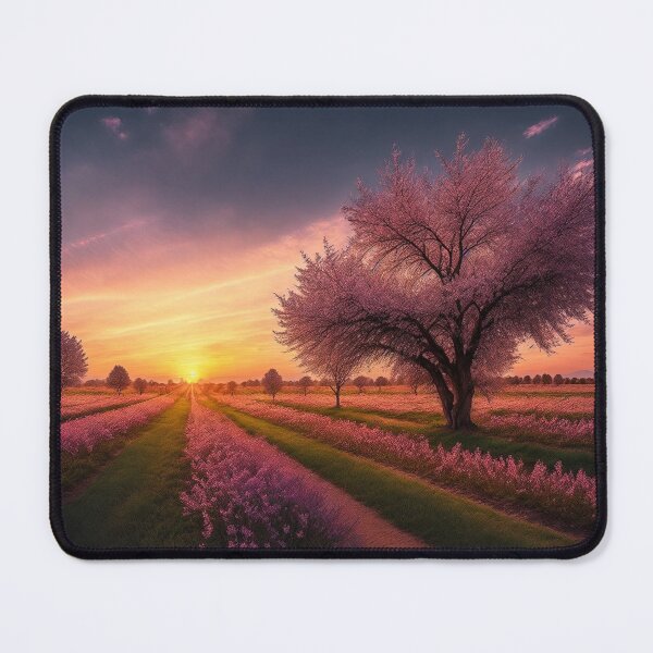 Item preview, Cherry Orchard Landscapes with a Sunset or Sunrise in the Background, Creating a Warm and Inviting Atmosphere in the Scene, Ai Generated Art designed and sold by AiGens.