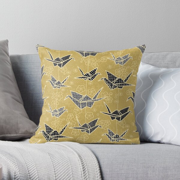 Black and Gold Japanese Origami Cranes Throw Pillow