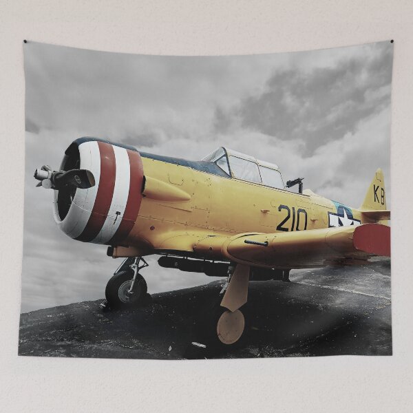 Item preview, Desatured Yellow Red Blue White Black Gray KB Fighter Vintage Industrial Air Propeller Plane with Cloud Sky on Asphalt Digital Edited Photograph designed and sold by ARTbyABACCUS.