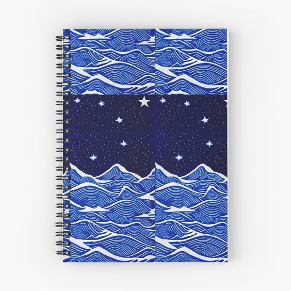 Item preview, Wavey sea and white starry night linograph folk art designed and sold by Earth Nature Creations.