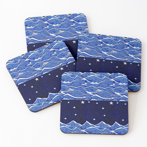 Item preview, Wavey sea and white starry night linograph folk art designed and sold by Earth Nature Creations.