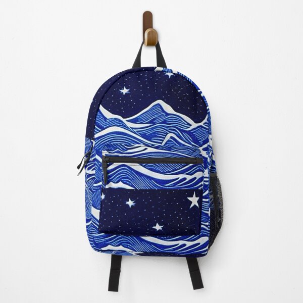Item preview, Wavey sea and white starry night linograph folk art designed and sold by Earth Nature Creations.