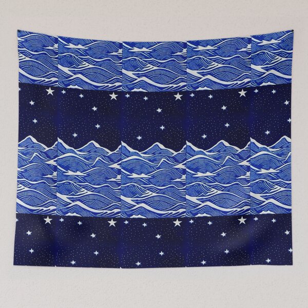 Item preview, Wavey sea and white starry night linograph folk art designed and sold by Earth Nature Creations.