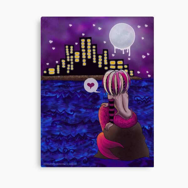 Little Mermaid Watching The City At Night Canvas Print