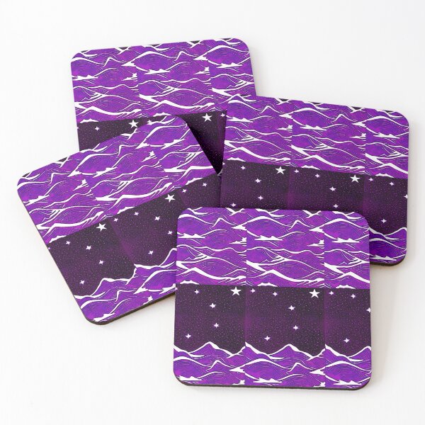Item preview, Purple wavey sea and white starry night linograph folk art designed and sold by Earth Nature Creations.