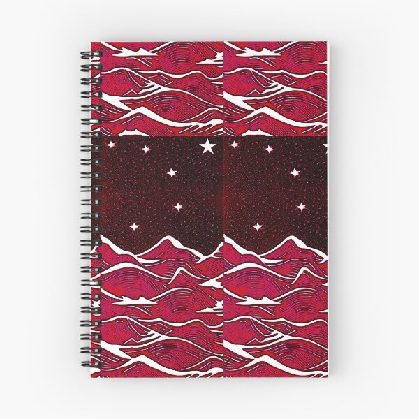 Item preview, Red sea and white starry night linograph folk art designed and sold by Earth Nature Creations.