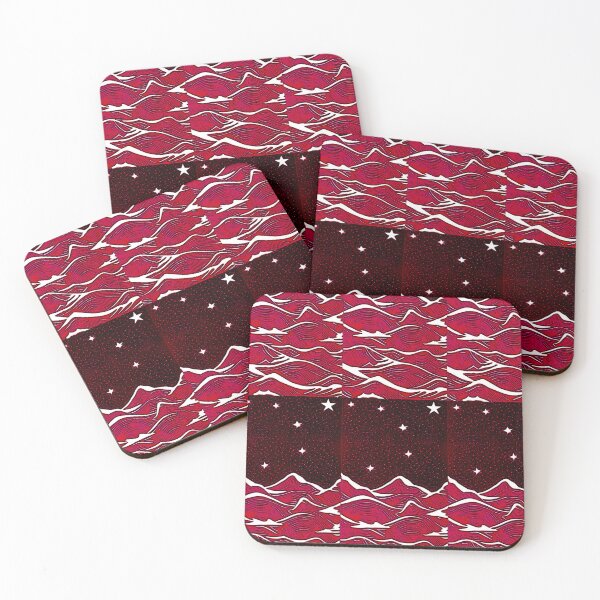 Item preview, Red sea and white starry night linograph folk art designed and sold by Earth Nature Creations.