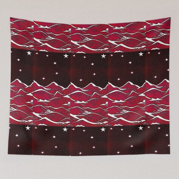 Item preview, Red sea and white starry night linograph folk art designed and sold by Earth Nature Creations.