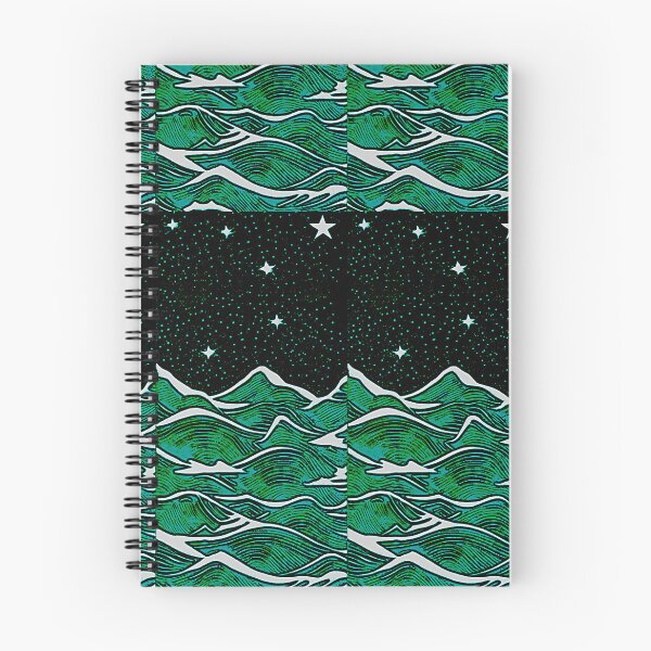 Item preview, Teal sea and white starry night linograph folk art designed and sold by Earth Nature Creations.