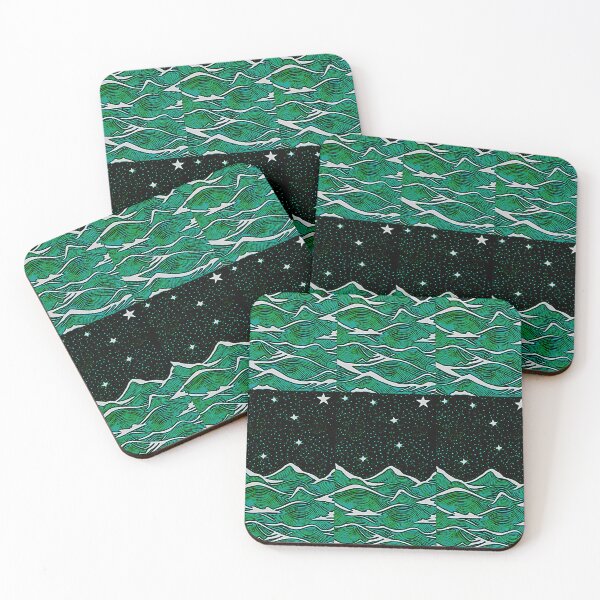 Item preview, Teal sea and white starry night linograph folk art designed and sold by Earth Nature Creations.