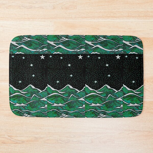 Item preview, Teal sea and white starry night linograph folk art designed and sold by Earth Nature Creations.