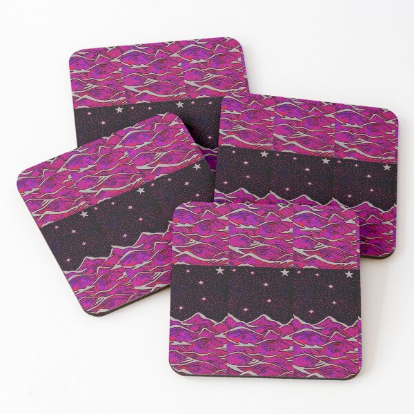 Item preview, Pink sea and white starry night linograph folk art designed and sold by Earth Nature Creations.