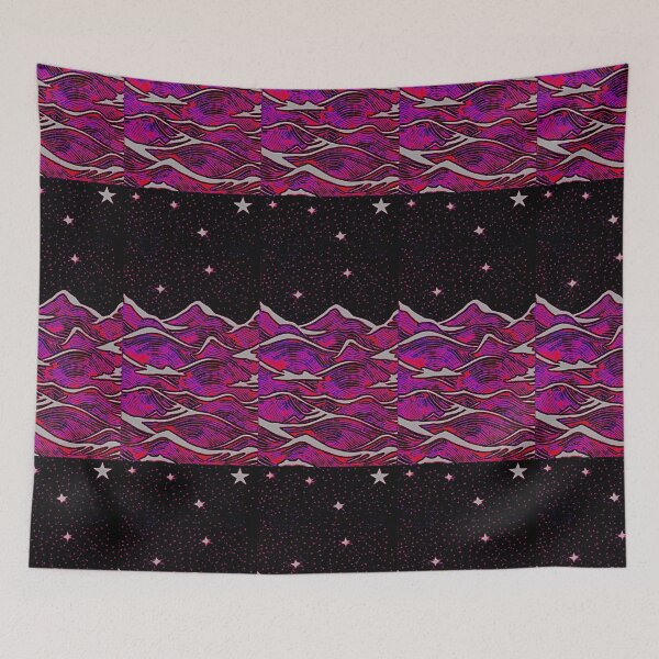 Item preview, Pink sea and white starry night linograph folk art designed and sold by Earth Nature Creations.