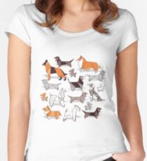 Origami doggie friends // grey linen texture background Fitted Scoop T-Shirt
