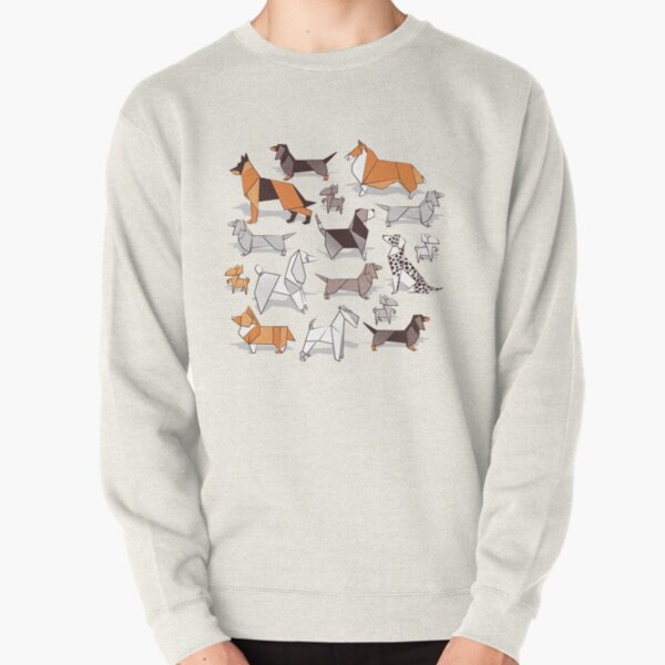 Origami doggie friends // grey linen texture background Pullover Sweatshirt