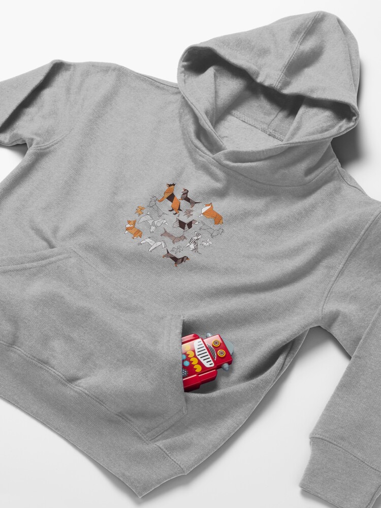 Alternate view of Origami doggie friends // grey linen texture background Kids Pullover Hoodie