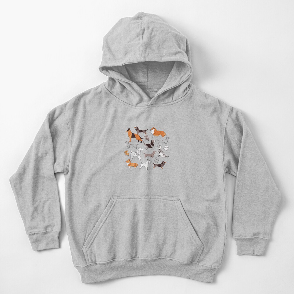 Origami doggie friends // grey linen texture background Kids Pullover Hoodie