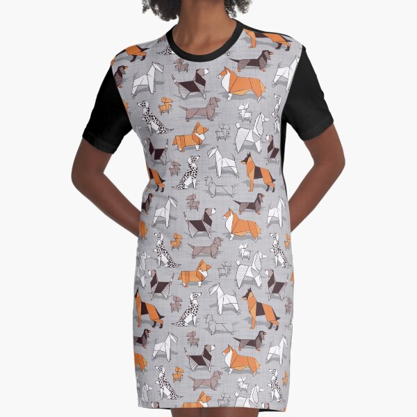 Origami doggie friends // grey linen texture background Graphic T-Shirt Dress