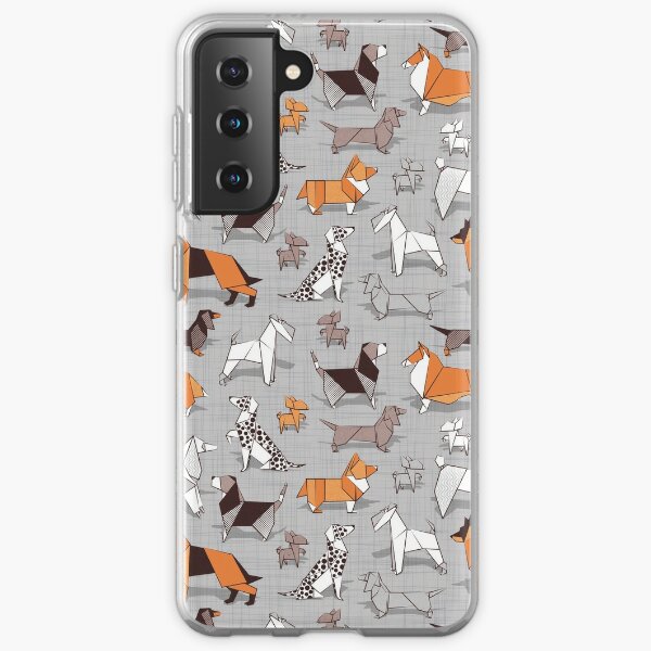Origami doggie friends // grey linen texture background Samsung Galaxy Soft Case