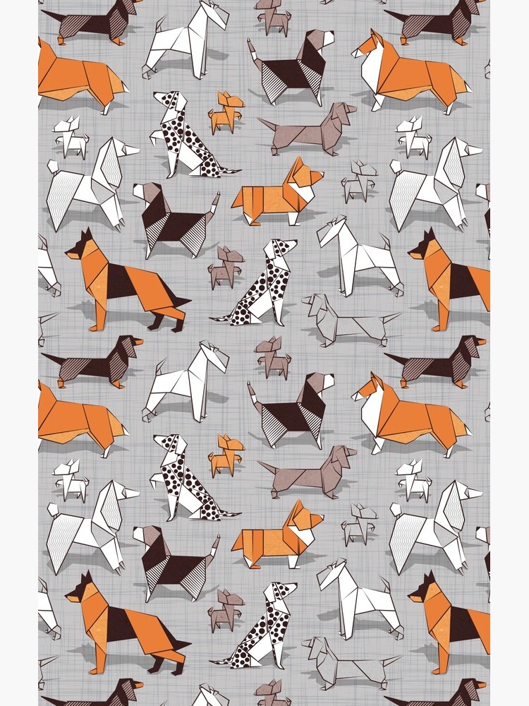 Origami doggie friends // grey linen texture background by SelmaCardoso