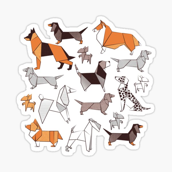 Origami doggie friends // grey linen texture background Sticker