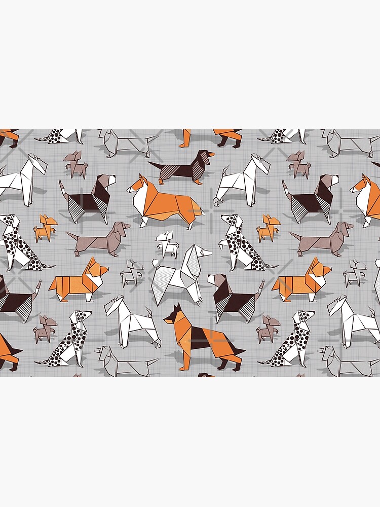 Origami doggie friends // grey linen texture background by SelmaCardoso