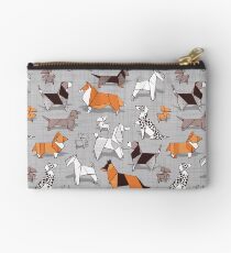 Origami doggie friends // grey linen texture background Studio Pouch
