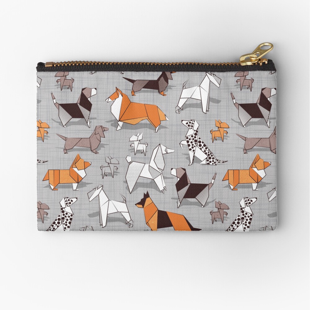 Origami doggie friends // grey linen texture background Zipper Pouch