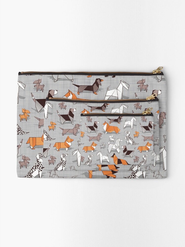 Alternate view of Origami doggie friends // grey linen texture background Zipper Pouch