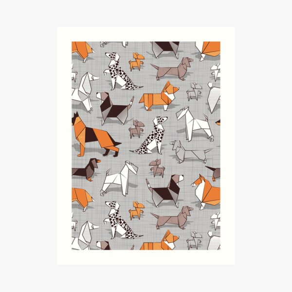 Origami doggie friends // grey linen texture background Art Print