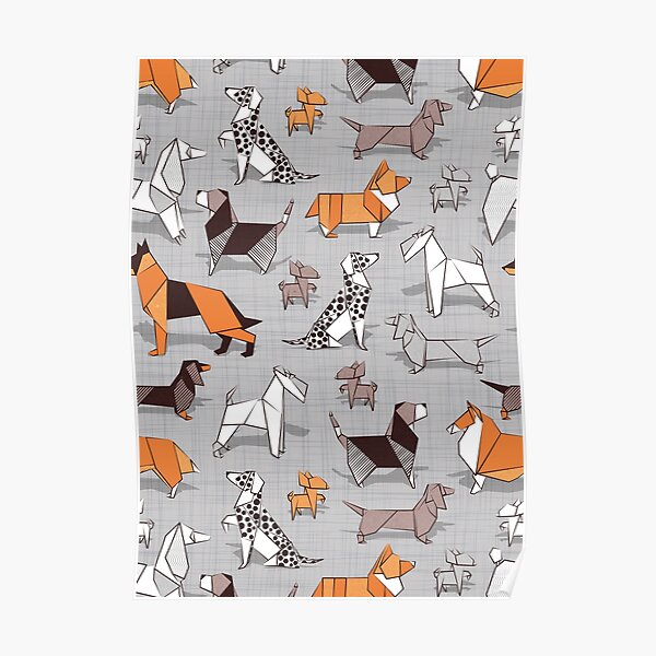 Origami doggie friends // grey linen texture background Poster