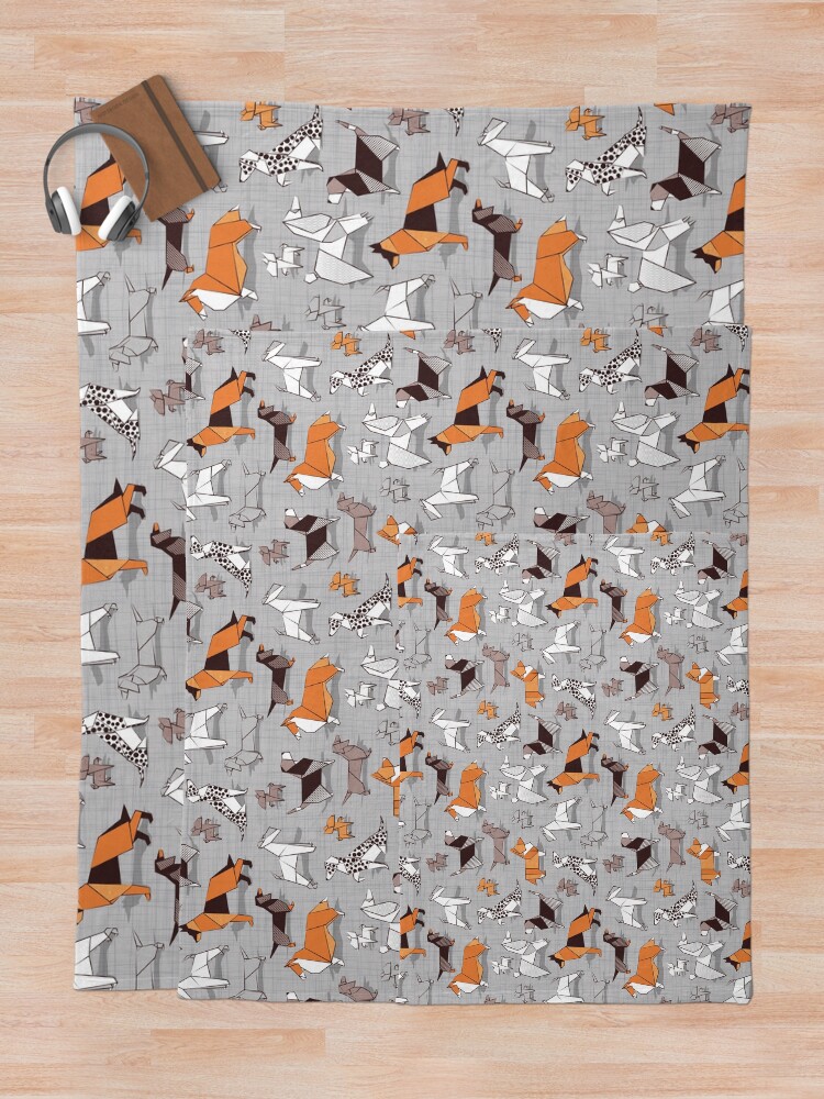 Alternate view of Origami doggie friends // grey linen texture background Throw Blanket
