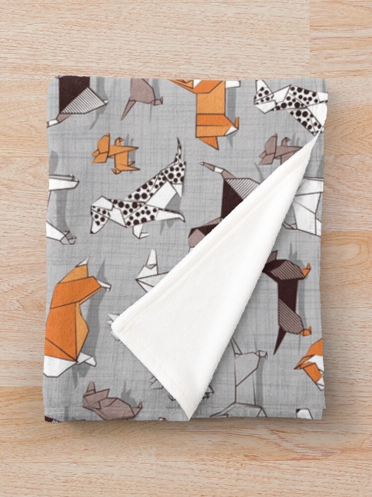 Alternate view of Origami doggie friends // grey linen texture background Throw Blanket