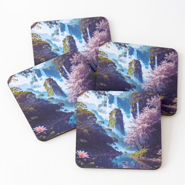 Item preview, Waterfall in Forest with Pink Flowers and Ducks - Nature designed and sold by Just Art's Creations colinw2292@gmail.com.