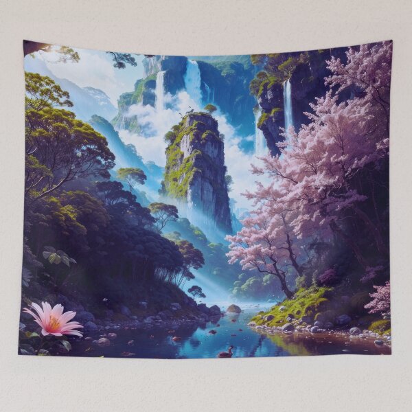 Item preview, Waterfall in Forest with Pink Flowers and Ducks - Nature designed and sold by Just Art's Creations colinw2292@gmail.com.