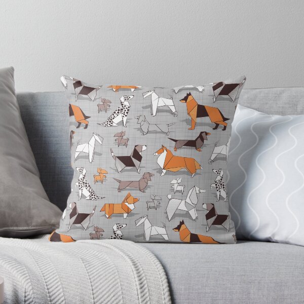 Origami doggie friends // grey linen texture background Throw Pillow
