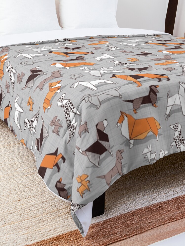 Alternate view of Origami doggie friends // grey linen texture background Comforter