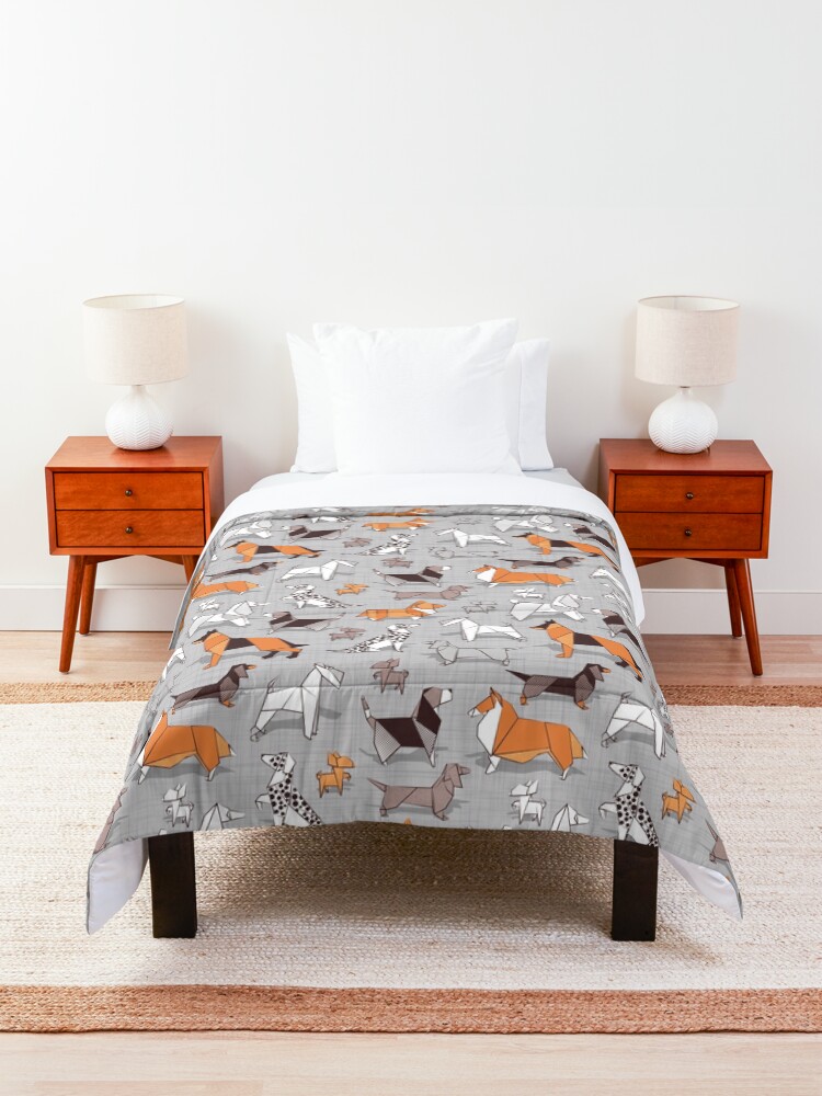Alternate view of Origami doggie friends // grey linen texture background Comforter