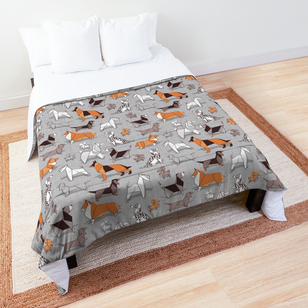 Origami doggie friends // grey linen texture background Comforter