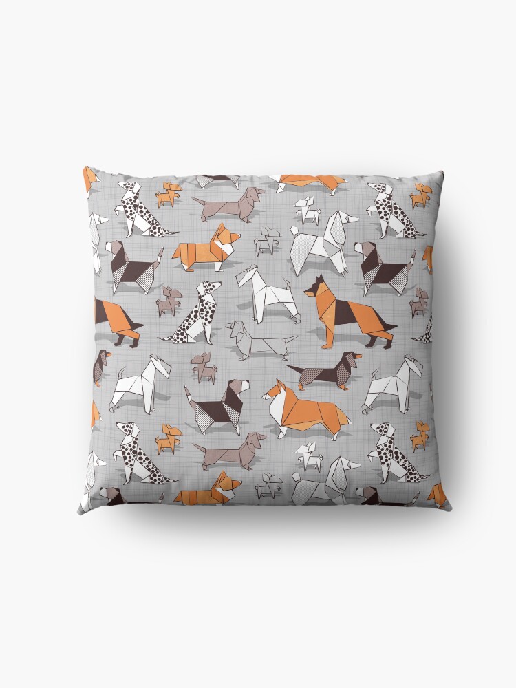 Alternate view of Origami doggie friends // grey linen texture background Floor Pillow