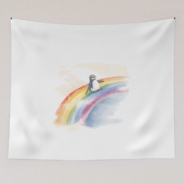 Artikelvorschau, Wunderlicher Pinguin, der einen Regenbogen hinunterrutscht | Bunte Aquarellkunst entworfen und verkauft von AdventurerPack.