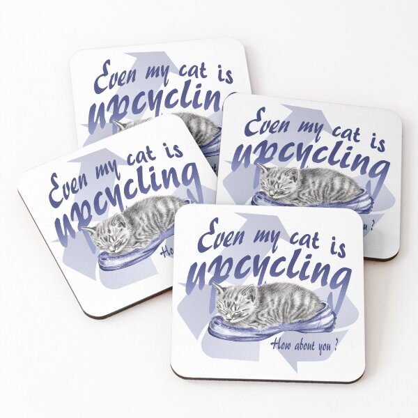 Item preview, Sleeping kitten in old shoe - graphite version, Upcycling text in blue colorized English designed and sold by SylvieG18.